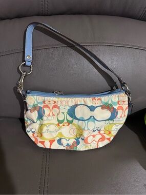 Coach Multicolor Signature Mini Wristlet with Light Blue Trim